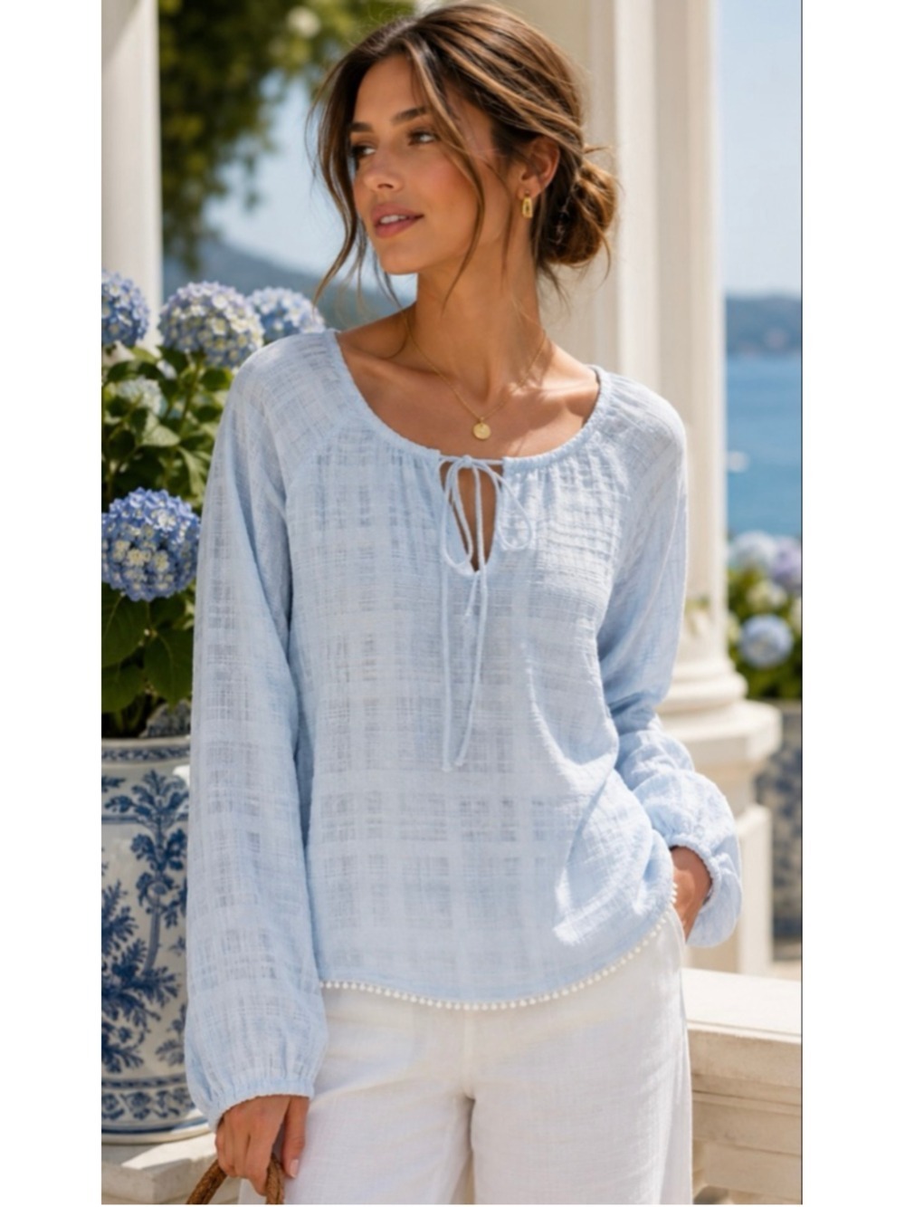 Skin WorldWide Light Blue Long Sleeve Pajama Top Size L Cotton